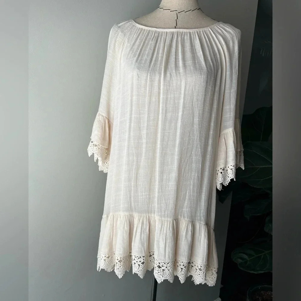 Honeyme size Small mini short boho dress white vacation beach lace macrame Tunic
